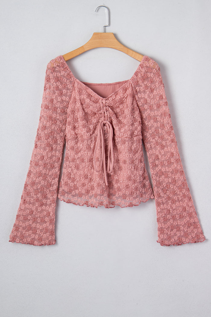 Peach Blossom Drawstring Knot Detail Floral Lace Blouse