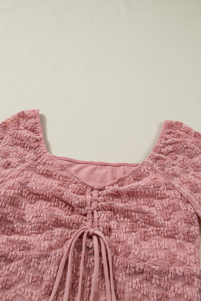 Peach Blossom Drawstring Knot Detail Floral Lace Blouse