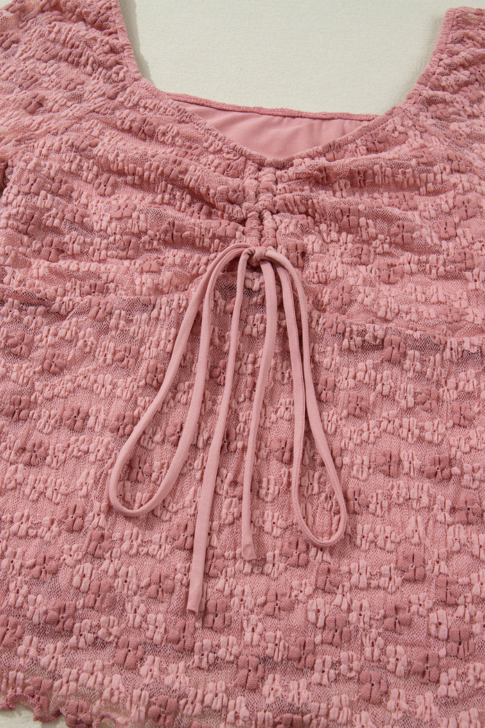 Peach Blossom Drawstring Knot Detail Floral Lace Blouse