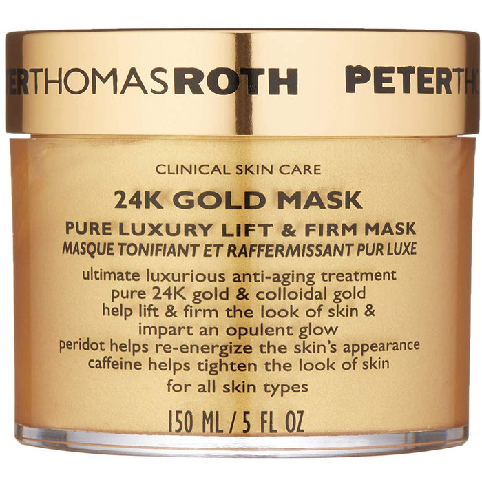 Peter Thomas Roth 24K Gold Mask in a 150ml jar, showcasing a luxurious gold-colored skincare treatment for radiant skin.