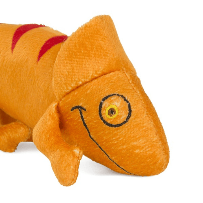 Close up of Orange plush Chameleon Cat toy with red stripe and eye and smile stitch details on a white background.