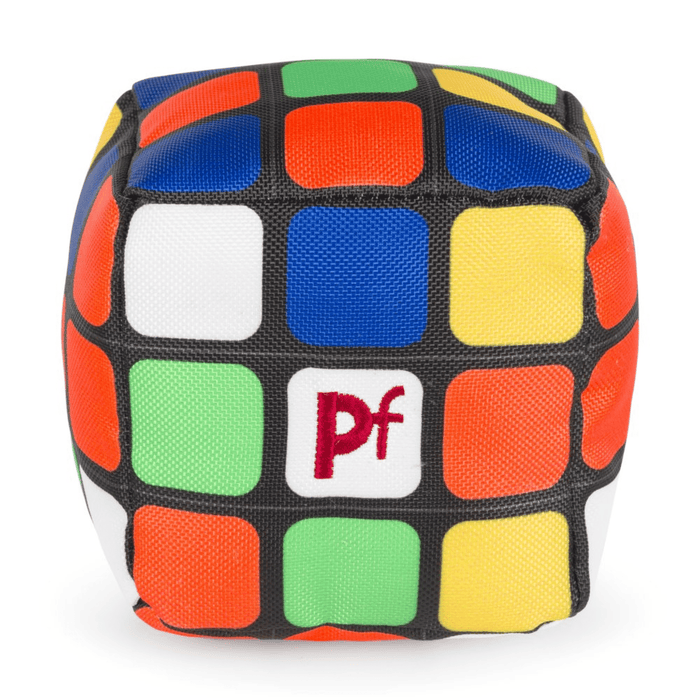 Front view of retro style cube dog toy with blue, green, orange, yellow and white squares with stitch detail 'PF' on a middle white square on a white background.