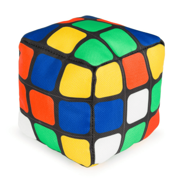 Back view of retro style cube dog toy with blue, green, orange, yellow and white squares on a white background.