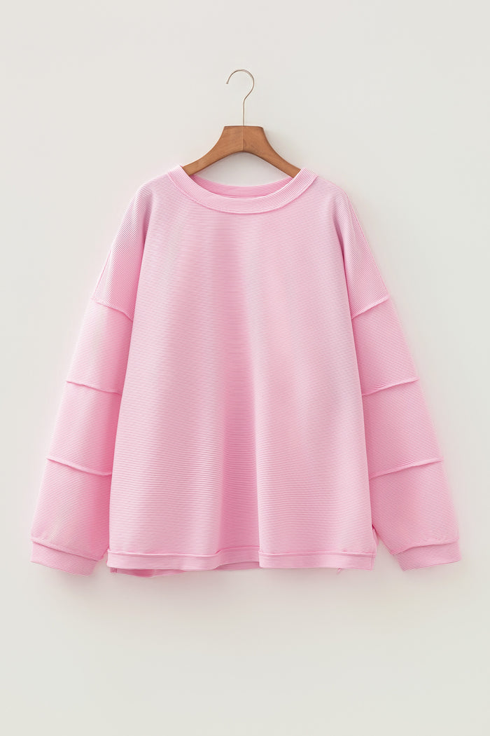 Pink Drop Shoulder Long Sleeve Plus Size Ribbed Top