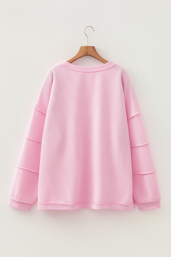 Pink Drop Shoulder Long Sleeve Plus Size Ribbed Top