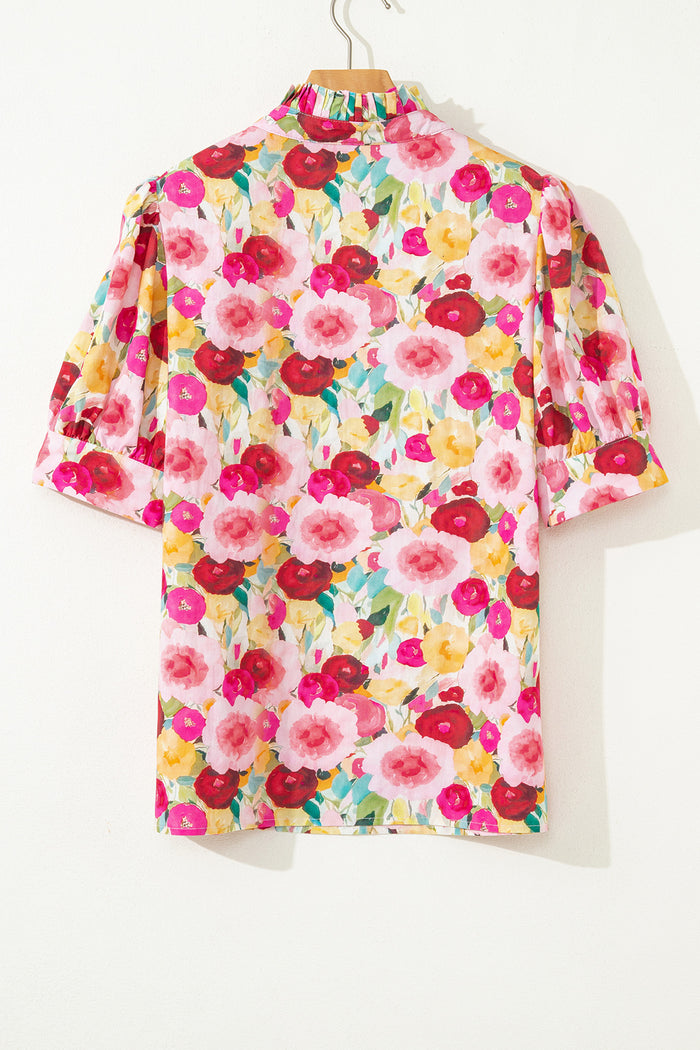 Pink Floral Frilled V Neck Puff Short Sleeve Blouse