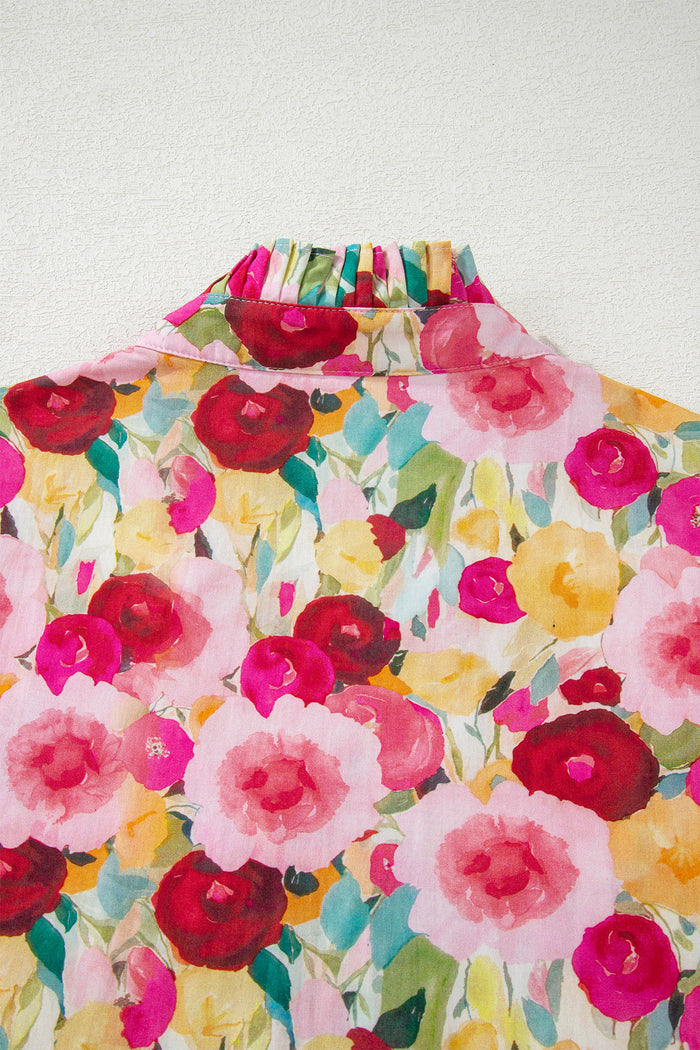 Pink Floral Frilled V Neck Puff Short Sleeve Blouse