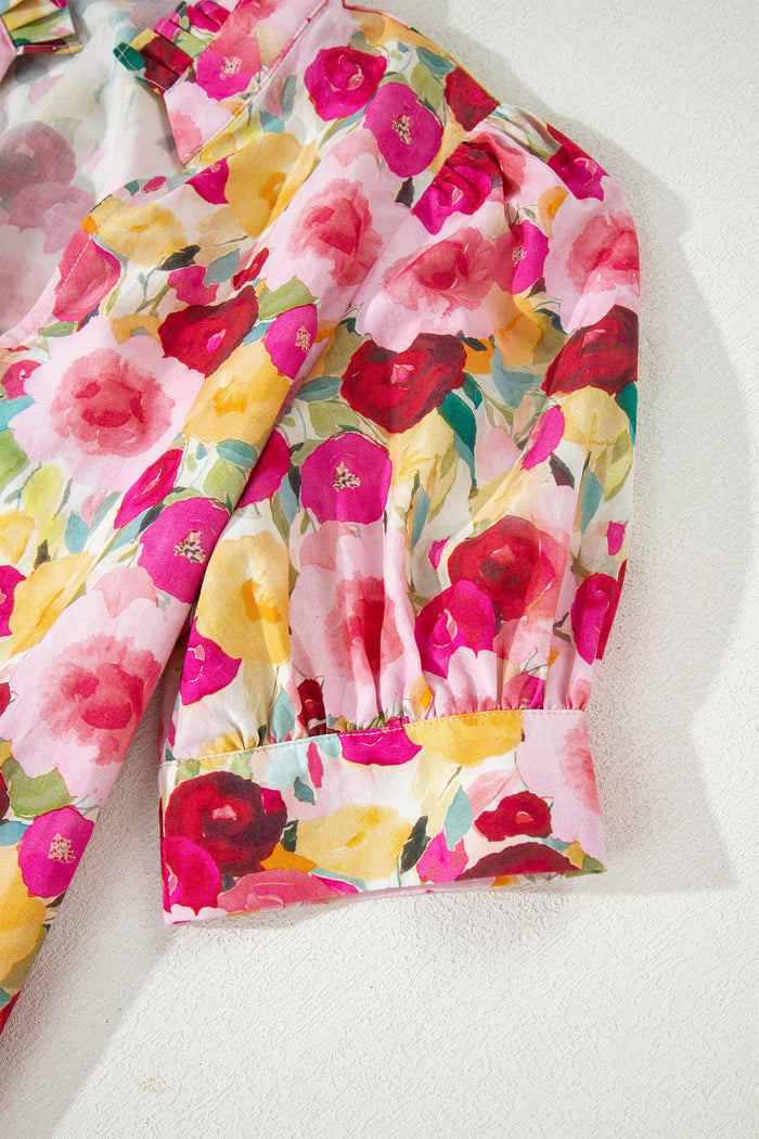 Pink Floral Frilled V Neck Puff Short Sleeve Blouse