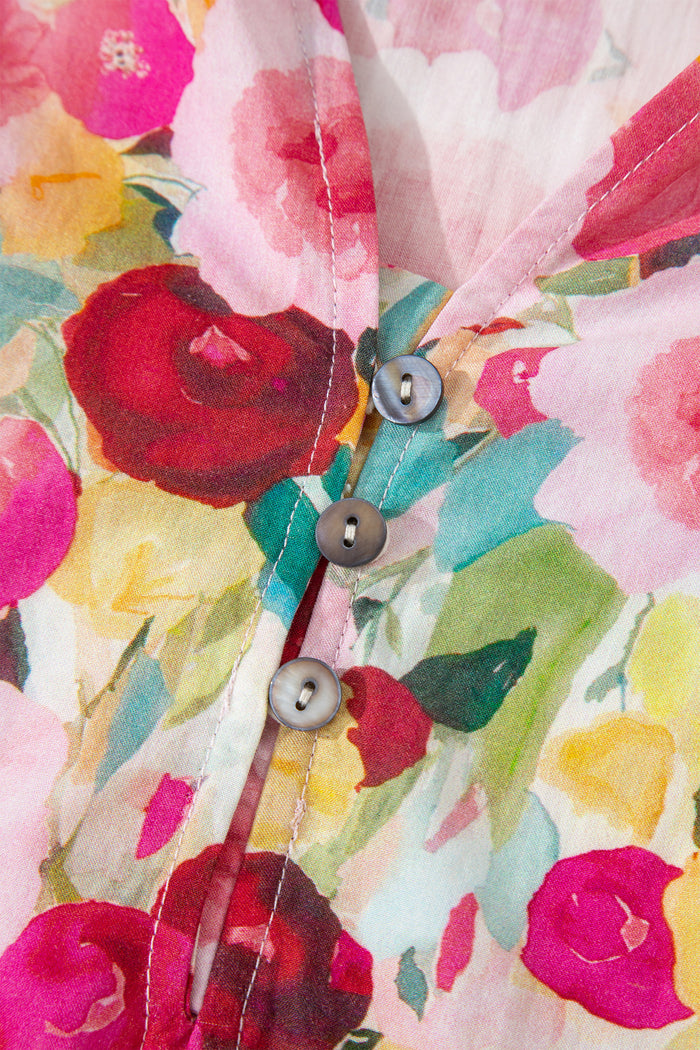 Pink Floral Frilled V Neck Puff Short Sleeve Blouse