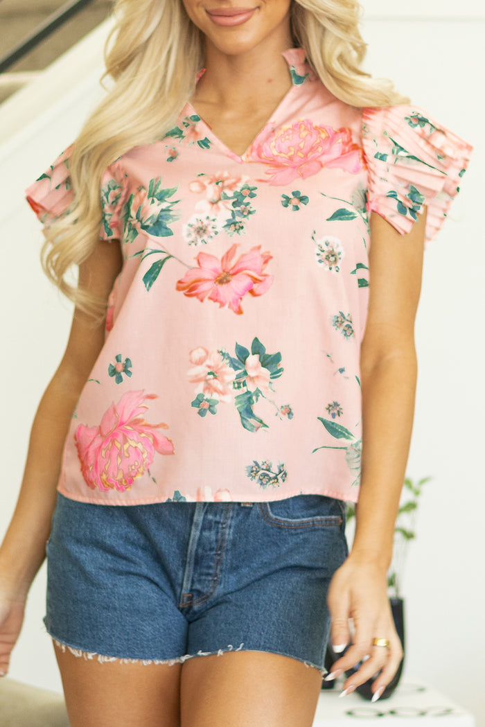 Pink Floral Print Frilled V Neck Pleated Sleeve Blouse
