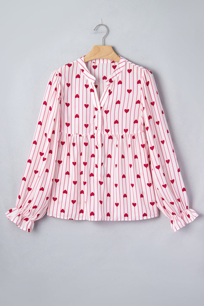 Pink Stripe Textured Heart Print Long Flounce Sleeve Shirt
