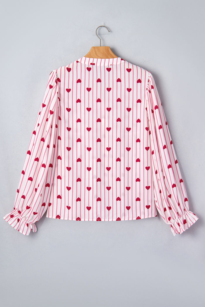 Pink Stripe Textured Heart Print Long Flounce Sleeve Shirt