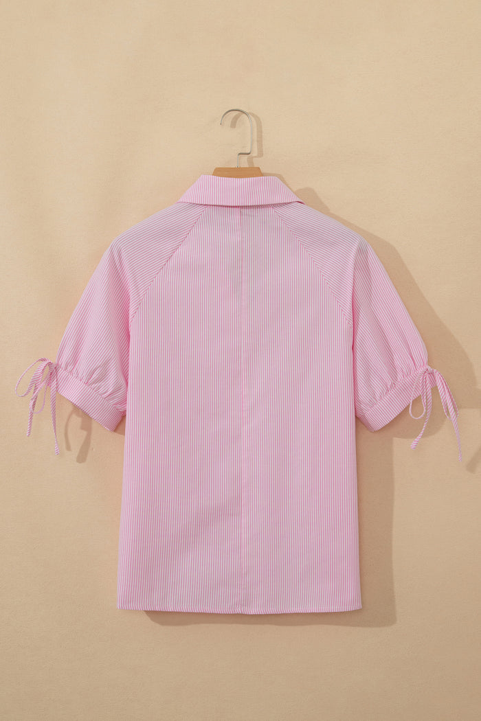 Pink Striped Print Collared Split Neck Half Sleeve Blouse