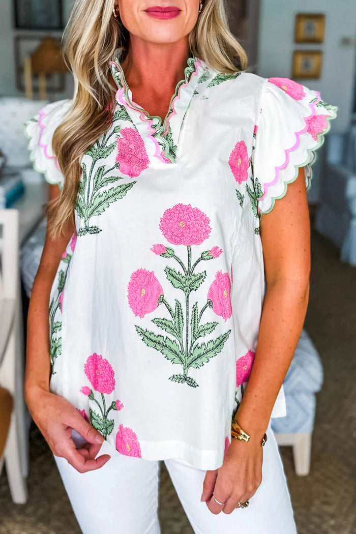 Pink Wild Flower Print Contrast Trim Scallop Detail Short Sleeve Blouse