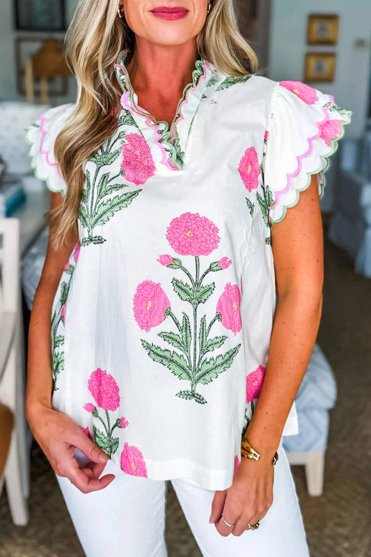 Pink Wild Flower Print Contrast Trim Scallop Detail Short Sleeve Blouse
