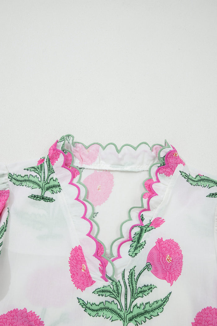 Pink Wild Flower Print Contrast Trim Scallop Detail Short Sleeve Blouse
