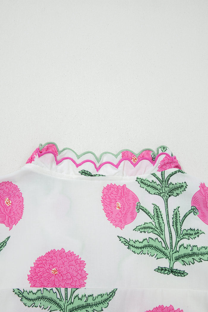 Pink Wild Flower Print Contrast Trim Scallop Detail Short Sleeve Blouse