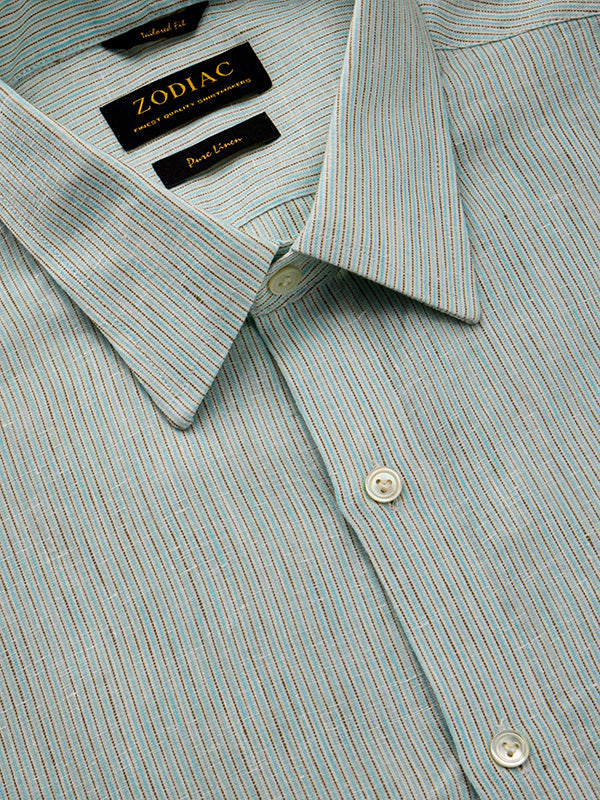 Positano Aqua Striped Full Sleeve Single Cuff Tailored Fit Semi Formal European Flax Linen Shirt