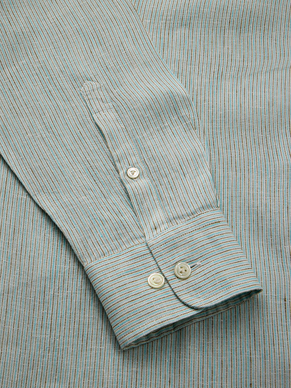 Positano Aqua Striped Full Sleeve Single Cuff Tailored Fit Semi Formal European Flax Linen Shirt