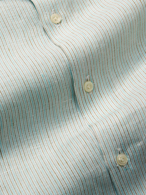 Positano Aqua Striped Half Sleeve Tailored Fit Semi Formal European Flax Linen Shirt