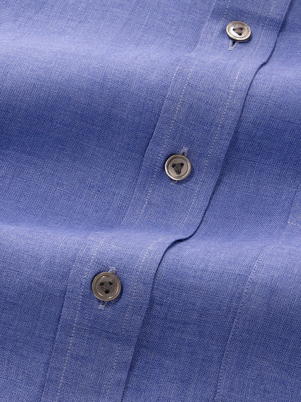 Positano Blue Solid Full Sleeve Single Cuff Classic Fit Semi Formal European Flax Linen Shirt