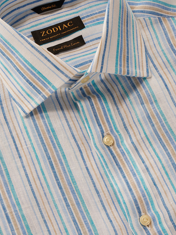 Positano Blue Striped Full Sleeve Single Cuff Classic Fit Semi Formal European Flax Linen Shirt