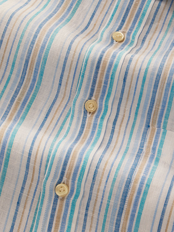 Positano Blue Striped Full Sleeve Single Cuff Classic Fit Semi Formal European Flax Linen Shirt
