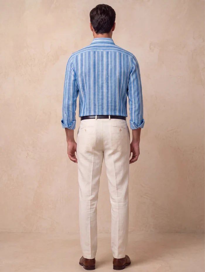Positano Blue Striped Full Sleeve Single Cuff Classic Fit Semi Formal European Flax Linen Shirt