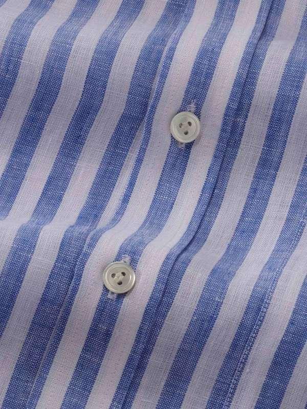 Positano Blue Striped Full Sleeve Single Cuff Classic Fit Semi Formal Point collar Linen Shirt