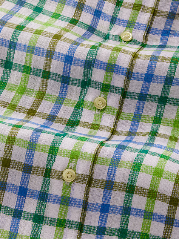 Positano Green Check Half Sleeve Classic Fit Semi Formal European Flax Linen Shirt