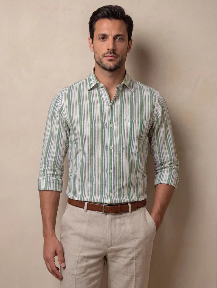 Positano Green Striped Full Sleeve Single Cuff Classic Fit Semi Formal European Flax Linen Shirt