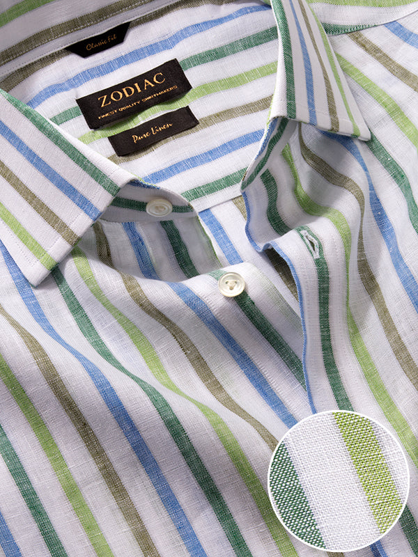 Positano Green Striped Half Sleeve Classic Fit Semi Formal Cut away collar Linen Shirt