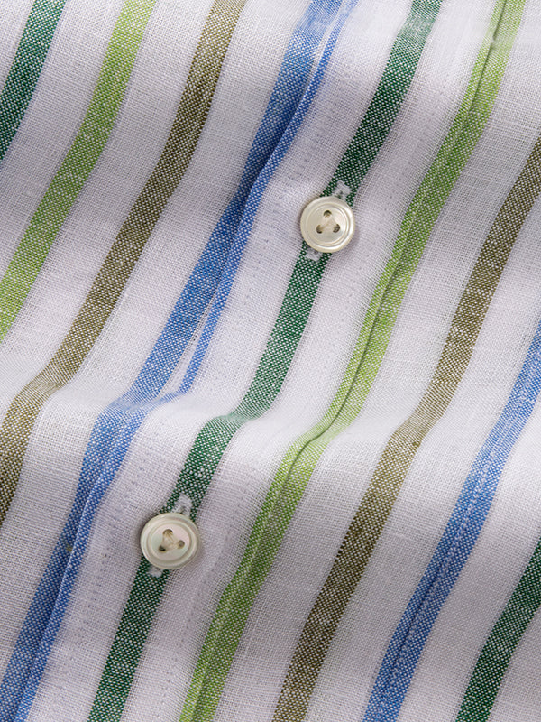 Positano Green Striped Half Sleeve Classic Fit Semi Formal Cut away collar Linen Shirt