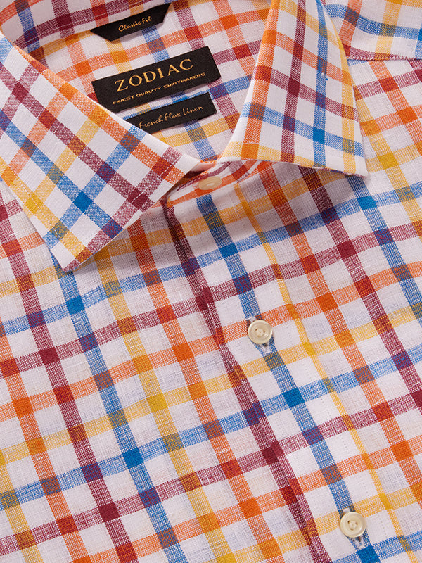 Positano Orange Check Half Sleeve Classic Fit Semi Formal French Flax Linen Shirt