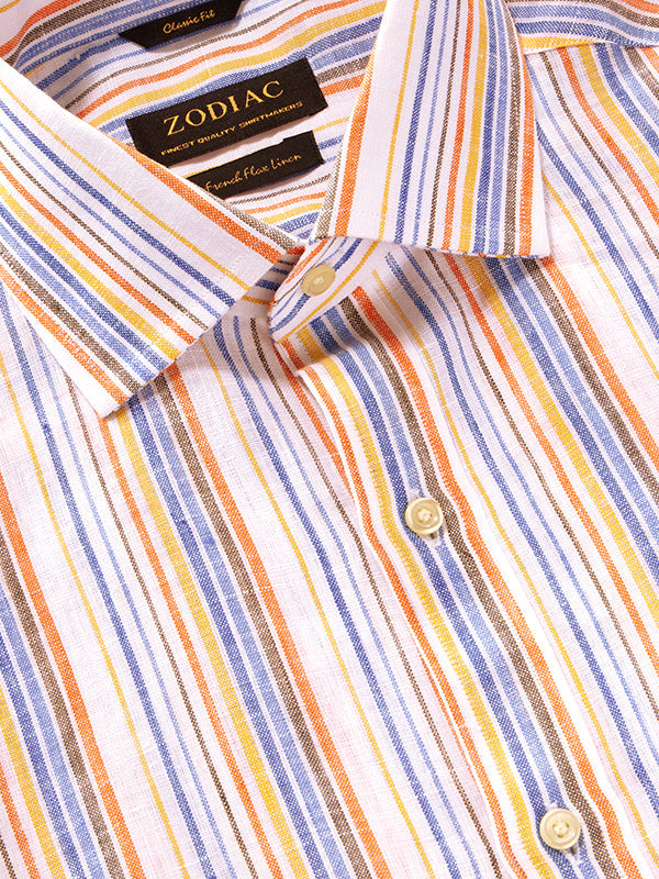 Positano Orange Striped Half Sleeve Classic Fit Semi Formal European Flax Linen Shirt