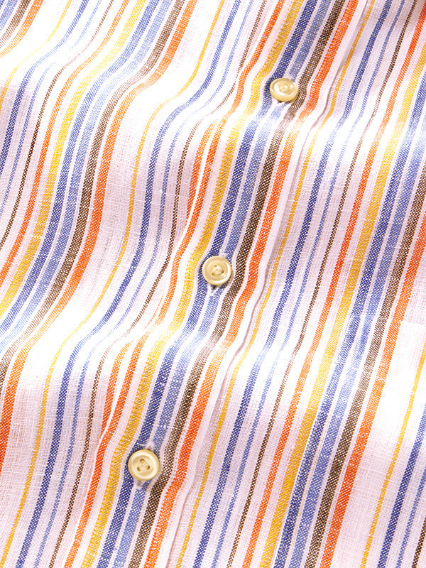 Positano Orange Striped Half Sleeve Classic Fit Semi Formal European Flax Linen Shirt