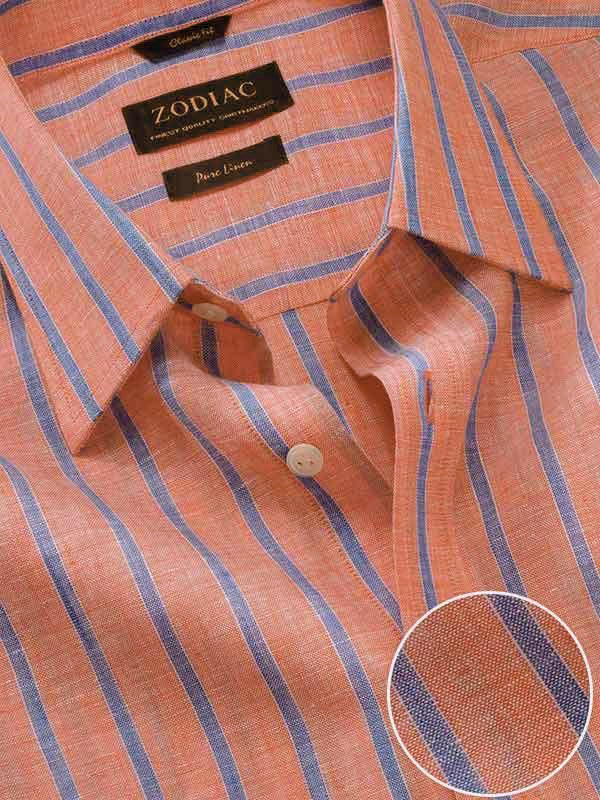 Positano Orange Striped Half Sleeve Classic Fit Semi Formal French Flax Linen Shirt