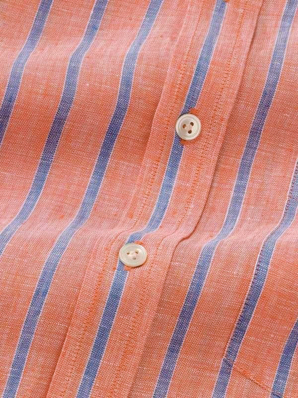 Positano Orange Striped Half Sleeve Classic Fit Semi Formal French Flax Linen Shirt