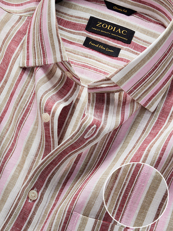 Positano Red Striped Full Sleeve Single Cuff Classic Fit Semi Formal European Flax Linen Shirt