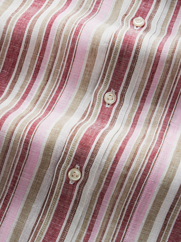 Positano Red Striped Full Sleeve Single Cuff Classic Fit Semi Formal European Flax Linen Shirt