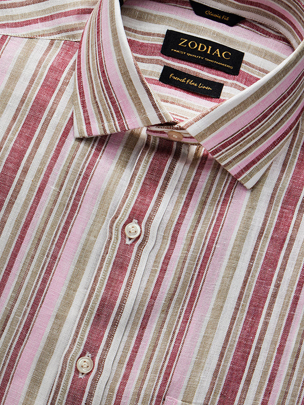 Positano Red Striped Full Sleeve Single Cuff Classic Fit Semi Formal European Flax Linen Shirt