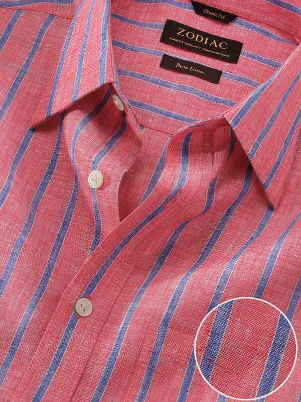 Positano Red Striped Half Sleeve Classic Fit Semi Formal French Flax Linen Shirt