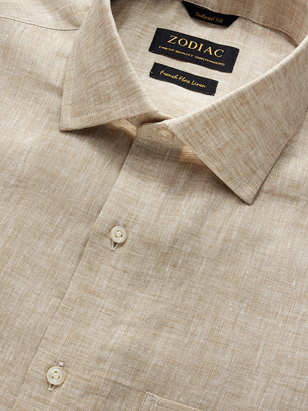 Positano Sand Solid Full Sleeve Single Cuff Tailored Fit Semi Formal French Flax Linen Shirt