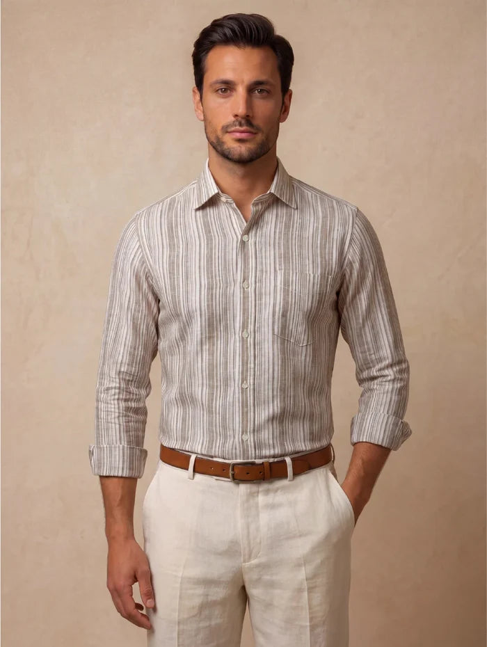 Positano Sand Striped Full Sleeve Single Cuff Classic Fit Semi Formal European Flax Linen Shirt