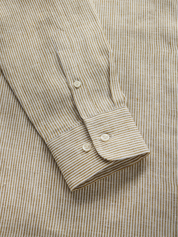 Positano Sand Striped Full Sleeve Single Cuff Tailored Fit Semi Formal European Flax Linen Shirt