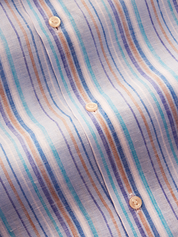 Positano Sky Striped Full Sleeve Single Cuff Tailored Fit Semi Formal European Flax Linen Without Pocket Shirt