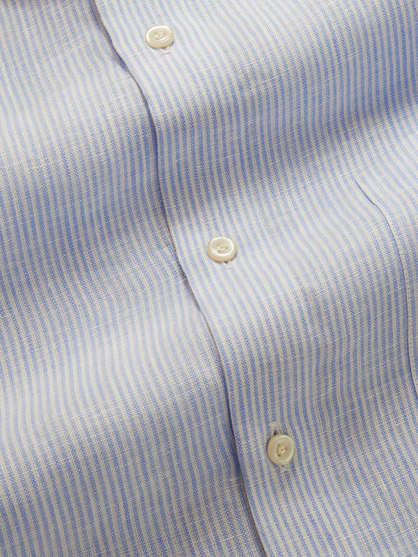 Positano Sky Striped Full Sleeve Single Cuff Tailored Fit Semi Formal French Flax Linen Shirt