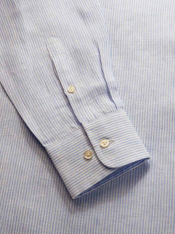 Positano Sky Striped Full Sleeve Single Cuff Tailored Fit Semi Formal French Flax Linen Shirt