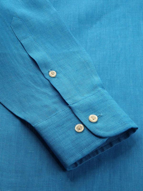 Positano Turquoise Solid Full Sleeve Single Cuff Tailored Fit Semi Formal French Flax Linen Shirt