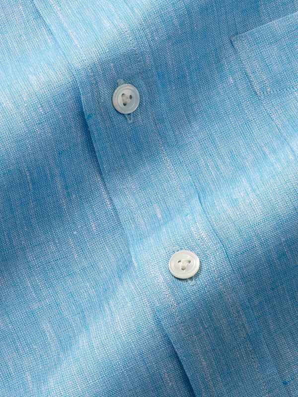 Positano Turquoise Solid Half Sleeve Classic Fit Semi Formal European Flax Linen Shirt